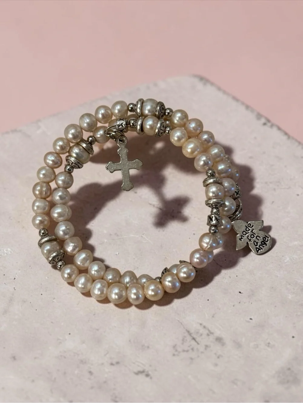 🫶🏻 Peachy Pink Pearl Cross & Angel Charm Wrap Bracelet
